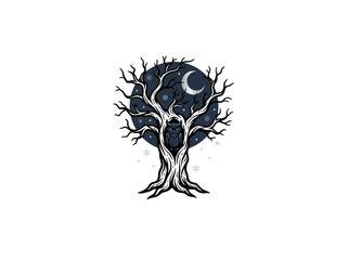 Fototapeta premium Eerie Winter Night Scene Featuring A Gnarled Tree With An Owl Nestled In Its Branches Under A Crescent Moon Backdrop And Gentle Snowflakes Vector Illustration