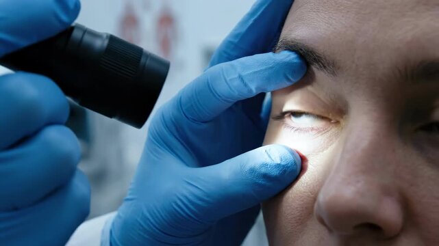 Medical professional examining patient's eye for pallor, a key indicator of iron deficiency anemia, a critical blood disorder requiring thorough medical evaluation and care