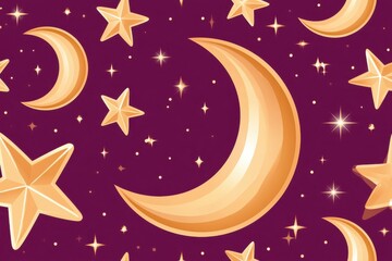 Naklejka premium Golden crescent moons and stars on deep purple background with sparkles