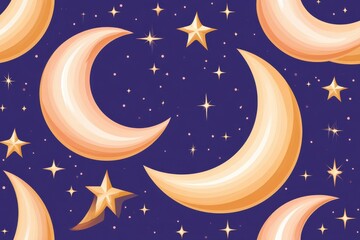 Fototapeta premium Crescent moons and stars on deep blue night sky with golden sparkles and seamless pattern