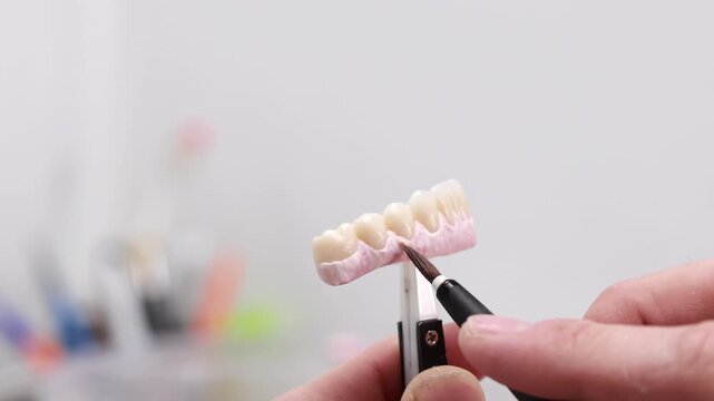 Dental technician carefully brushing prosthetic upper teeth held in clamp during precise gingival margin touch-up in close angled laboratory view with visible gloss and fine detail