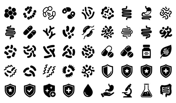 Probiotics bacteria icon set with microbiome symbols and gut health supplement silhouettes in flat black vector