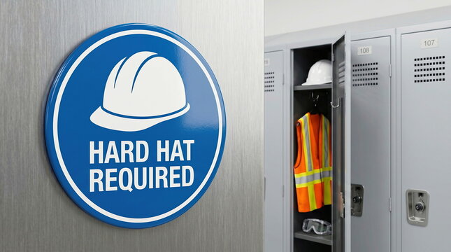 Workplace safety sign, "Hard Hat Required" displayed next to open locker with personal protective equipment, highlighting construction site safety.