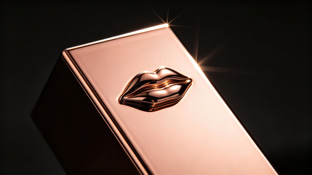 Rose?gold cosmetic box with embossed glossy metallic lips emblem