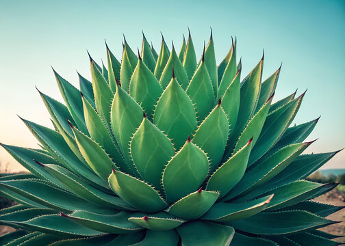 Beautiful green agave plant with sharp pointed leaves in a desert garden