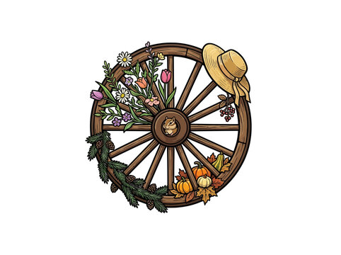 Wagon Wheel Adorned With Seasonal Decorations Including Spring Flowers Summer Straw Hat Autumn Pumpkins Winter Pine Cones And A Small Animal In The Center Vector Illustration