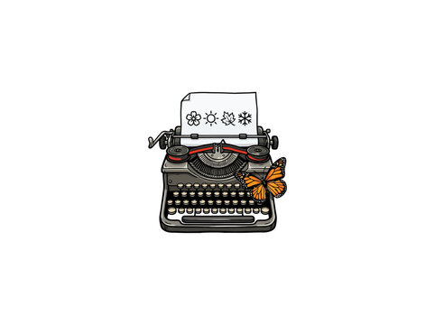 Classic Vintage Typewriter With Paper Showing Flower Sun Leaf Snowflake Symbols And A Monarch Butterfly Perched On The Side In Vector Style Vector Illustration