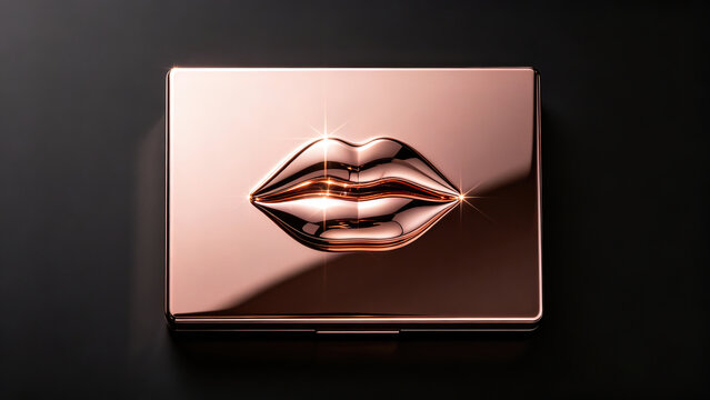 Top?view rose?gold makeup case with raised shiny metallic lips logo