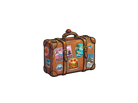 Weathered Brown Vintage Suitcase Covered In Colorful Travel Stickers From Multiple Locations With A Ladybug On The Handle In Vector Art Style Vector Illustration