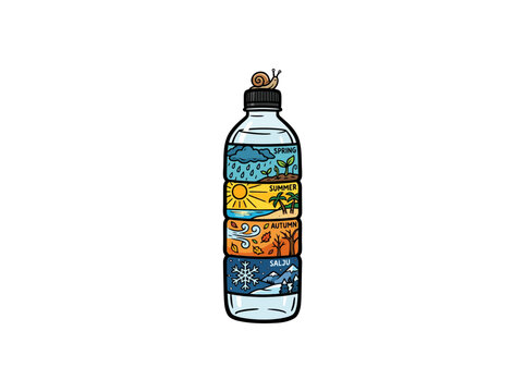 Water Bottle Illustration With Four Seasonal Sections For Spring Summer Autumn And Winter Featuring Weather Symbols And A Snail On The Lid Vector Illustration