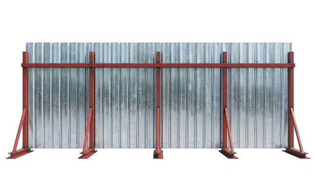 Corrugated metal construction fence. Temporary site hoarding with red steel supports.