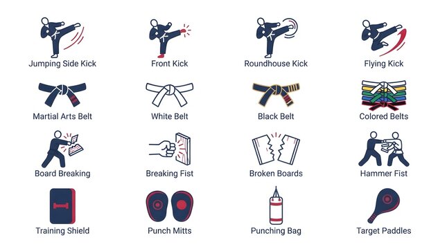 Martial arts belt ranking and training equipment icon set displaying colored belts, white belt, black belt, board breaking, breaking fist, broken boards, hammer fist, training shield, punch mitts, pun