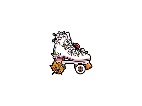 White Roller Skate Embellished With Pink Cherry Blossoms, Red Ladybug, And Brown Maple Leaf Near The Wheels, Evoking Vintage And Seasonal Themes, Vector Illustration