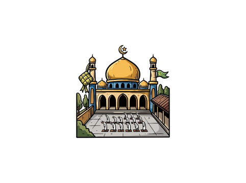 Worshippers Bowing In Unison At A Grand Mosque With Golden Dome, Minarets, And Architectural Details Including Arches And Trees In The Background Vector Illustration