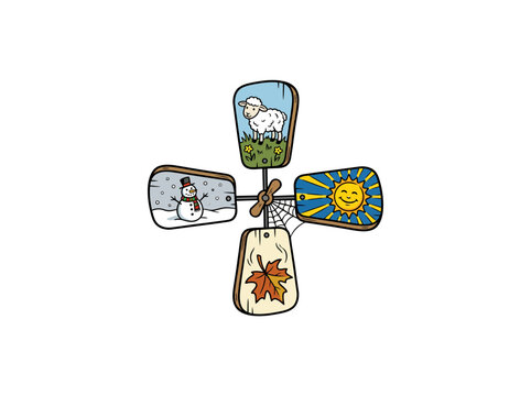 Seasonal Wooden Wind Spinner With Illustrated Blades For Winter, Spring, Summer, And Autumn, Featuring A Snowman, Sheep, Sun, And Leaf With Spider Web Details Vector Illustration