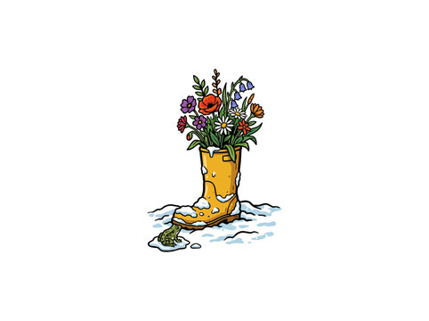 Yellow Rain Boot Filled With Wildflowers Including Poppies And Daisies, Surrounded By Snow With A Small Frog In A Puddle For Seasonal Contrast Vector Illustration