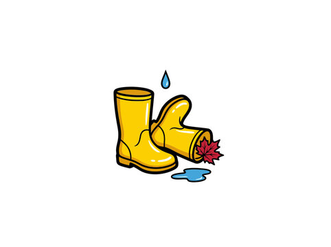 Sunny Yellow Rubber Rain Boots With Red Autumn Leaf Peeking From One Boot, Water Droplet, And Puddle In A Cheerful Fall Scene, Vector Illustration