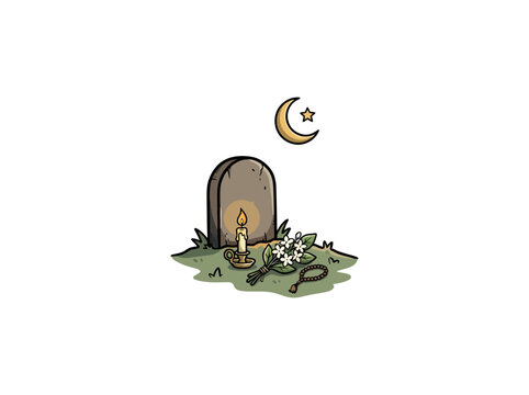 Gravestone Memorial With Glowing Candle, White Floral Bouquet, And Prayer Beads On Grassy Patch Under Crescent Moon And Star In An Islamic Graveyard, Vector Illustration