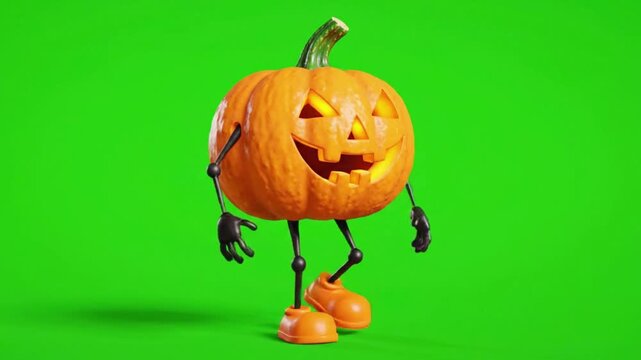 Halloween jack-o-lantern with legs walking spookily. Animated 3D pumpkin character ready for holiday video projects on a green screen background