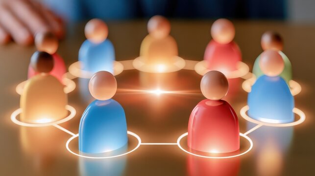 Diverse team connected in circle with glowing links symbolizing inclusion and collaboration