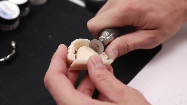Hands trimming palatal surface of resin dental model with rotary handpiece and circular disc during precise finishing work on tabletop, with dental, model, resin, handpiece detail