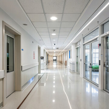 Long empty bright white hallway corridor inside a modern hospital clinic