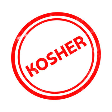 Kosher red rubber stamp icon, circular food certification seal, textured red ink stamp for dietary compliance and product packaging