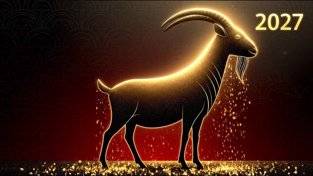 Golden Year of the Goat 2027 zodiac animation with glowing goat symbol on a red festive background, Chinese Lunar New Year celebration design with luxury golden effects