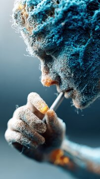Close up of a face, intricately detailed with textures like dust and fluff, engaging with a straw-like object, in a surreal. ..Created with Generative AI, not depicting real subjects.