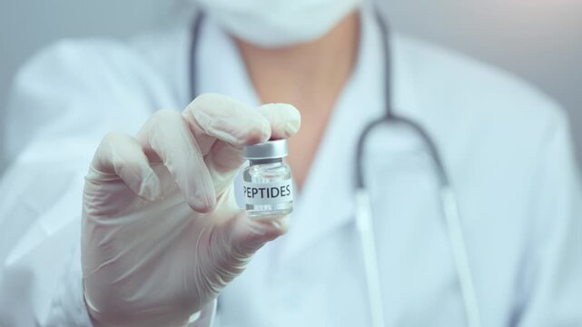 Professional doctor holding peptide vial at wellness clinic wearing stethoscope glove mask preparing advanced medical injection therapy treatment