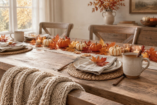 Fall dining table place setting with pumpkins, maple leaves, knit throw blanket and ceramic cider mug, autumn concept