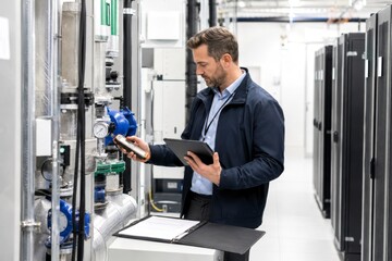 Fototapeta premium Data center energy efficiency sustainability server room technician inspecting industrial pipe system