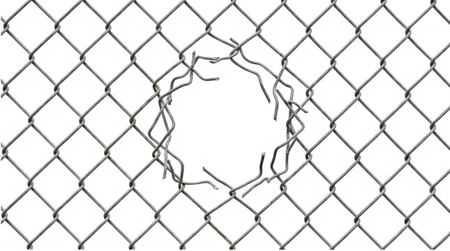 Broken chain link fence with a hole. Damaged wire mesh barrier isolated on white background.