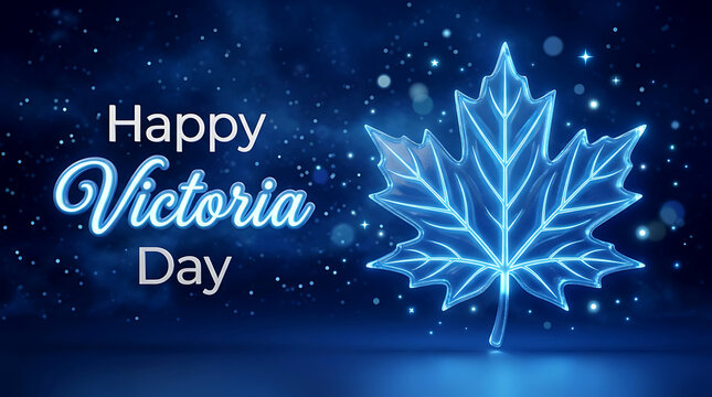 Happy Victoria Day Glowing Crystal Maple Leaf Concept, 3D Canada National Holiday Celebration, Blue Neon Greeting, and Patriotic Banner Background