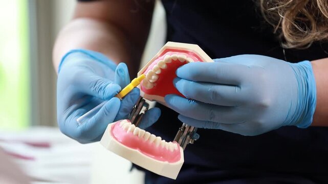 Gloved hands inserting interdental brush into dental model during oral hygiene demonstration, showing precise cleaning technique around upper molar gap with clinical training focus