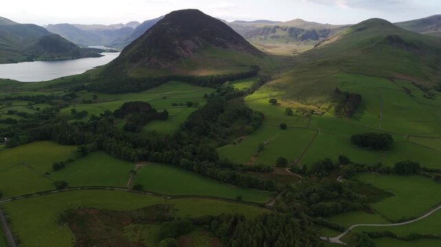 Aerial drone view of surrounding fells of crummock with mell break fell in the Lake District, Cumbria