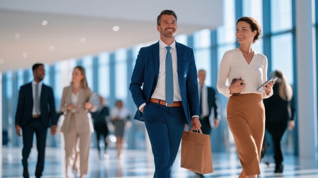 Diverse business professionals walking through modern glass corporate lobby with natural light and reflective floors
