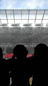 Animation of silhouettes of team of sports women with german flag over sports stadium