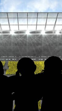 Animation of silhouettes of team of sports women with belgian flag over sports stadium