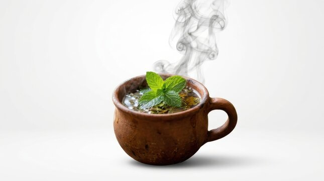 Hot herbal tea in a rustic clay cup with fresh mint leaves and rising steam
