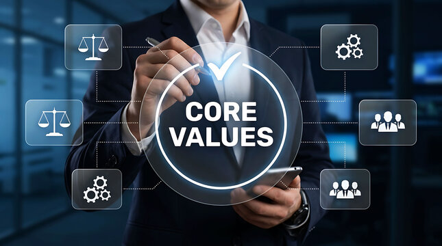 Businessman holding pen selecting core values business concept with icons