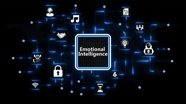 Emotional Intelligence concept visual with connected corporate icons and blue glowing circuit lines set across an abstract dark space backdrop frame.