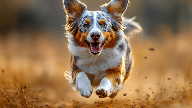 Happy active puppy dog running fast in autumn park forest