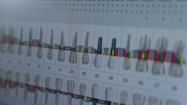 Oblique closeup of dental chart with implant indicators, numbered tooth rows, and multicolored clinical graphs moving across monitor in cool medical interface, with dental, implant, chart, tooth