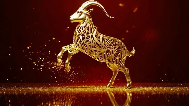 Golden Year of the Goat 2027 zodiac animation with glowing goat symbol on a red festive background, Chinese Lunar New Year celebration design with luxury golden effects