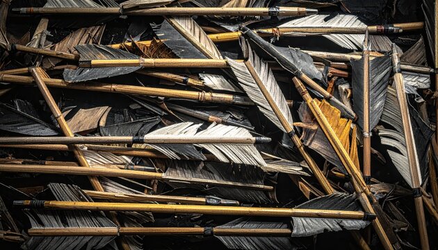 A pile of primitive hunting arrows with wooden shafts and feather fletching, detailed close-up view of ancient weaponry