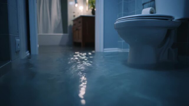 Flooded Bathroom at Night with Reflecting Light on Water Surface