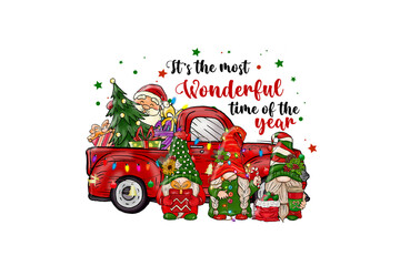 Vintage red pickup truck carrying pine trees and lovely holiday gnomes with Christmas Quote Sublimation Design