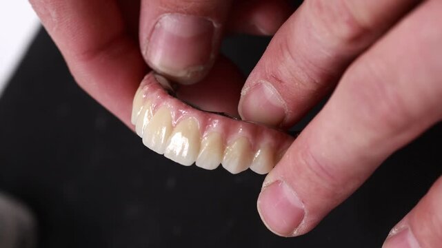 Hands carefully holding and aligning lower removable denture with curved front teeth, showing labial surfaces, pink acrylic base, clinical handling and precise oral prosthetics fit