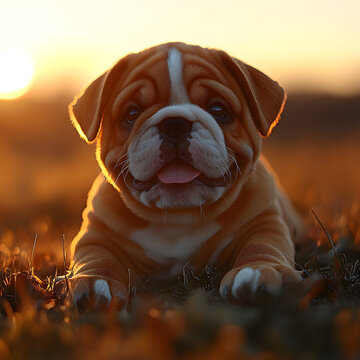 Adorable puppy face looking at camera in warm sunset lighting